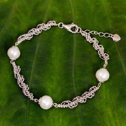 White Jasmine Trio Thai Handcrafted Cultured Pearl and Sterling Silver Bracelet