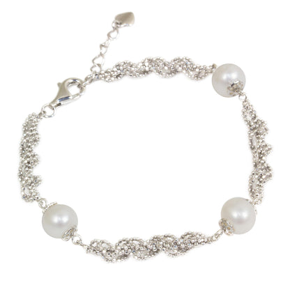 White Jasmine Trio Thai Handcrafted Cultured Pearl and Sterling Silver Bracelet