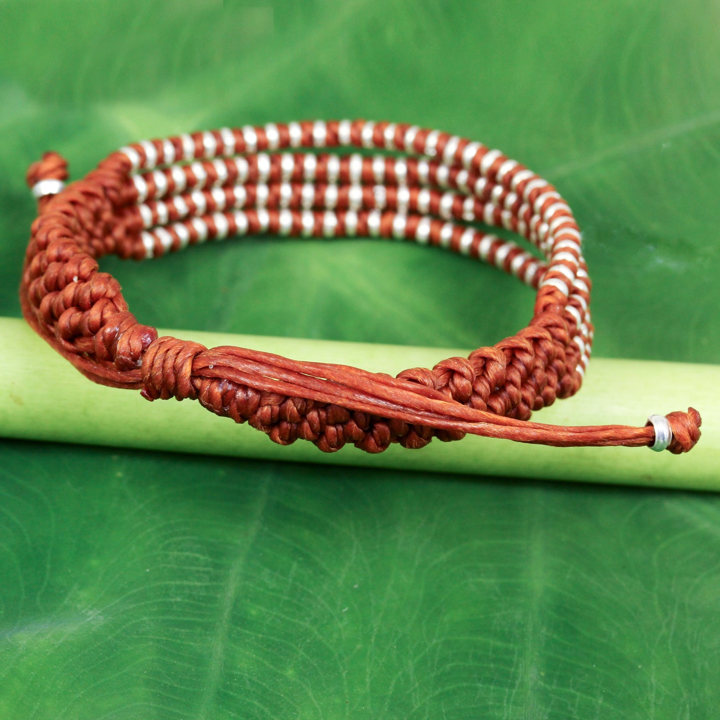 Ginger Chiang Mai Quartet Ginger-Orange Macrame Bracelet with Hill Tribe Silver Beads