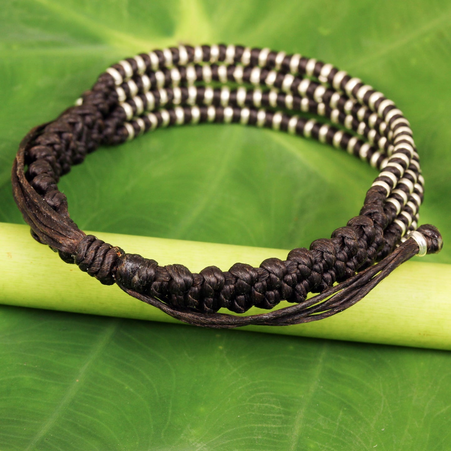 Chocolate Chiang Mai Quartet Thai Hill Tribe Silver Dark Brown Macrame Bracelet