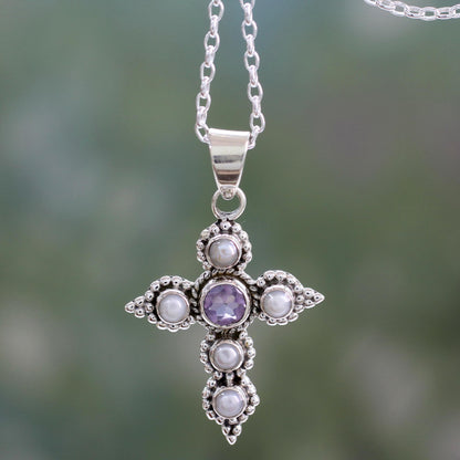 Harmony in White Cultured Pearl and Amethyst Necklace with Cross Pendant