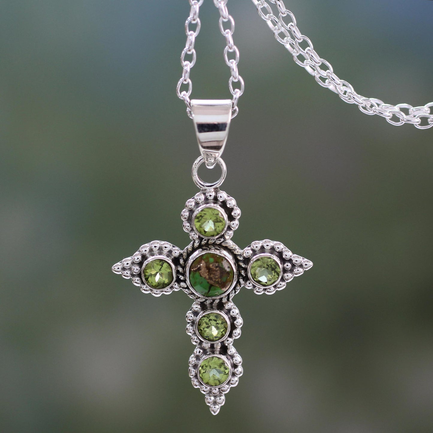 Divine Harmony Artisan Crafted Peridot and Sterling Silver Cross Necklace