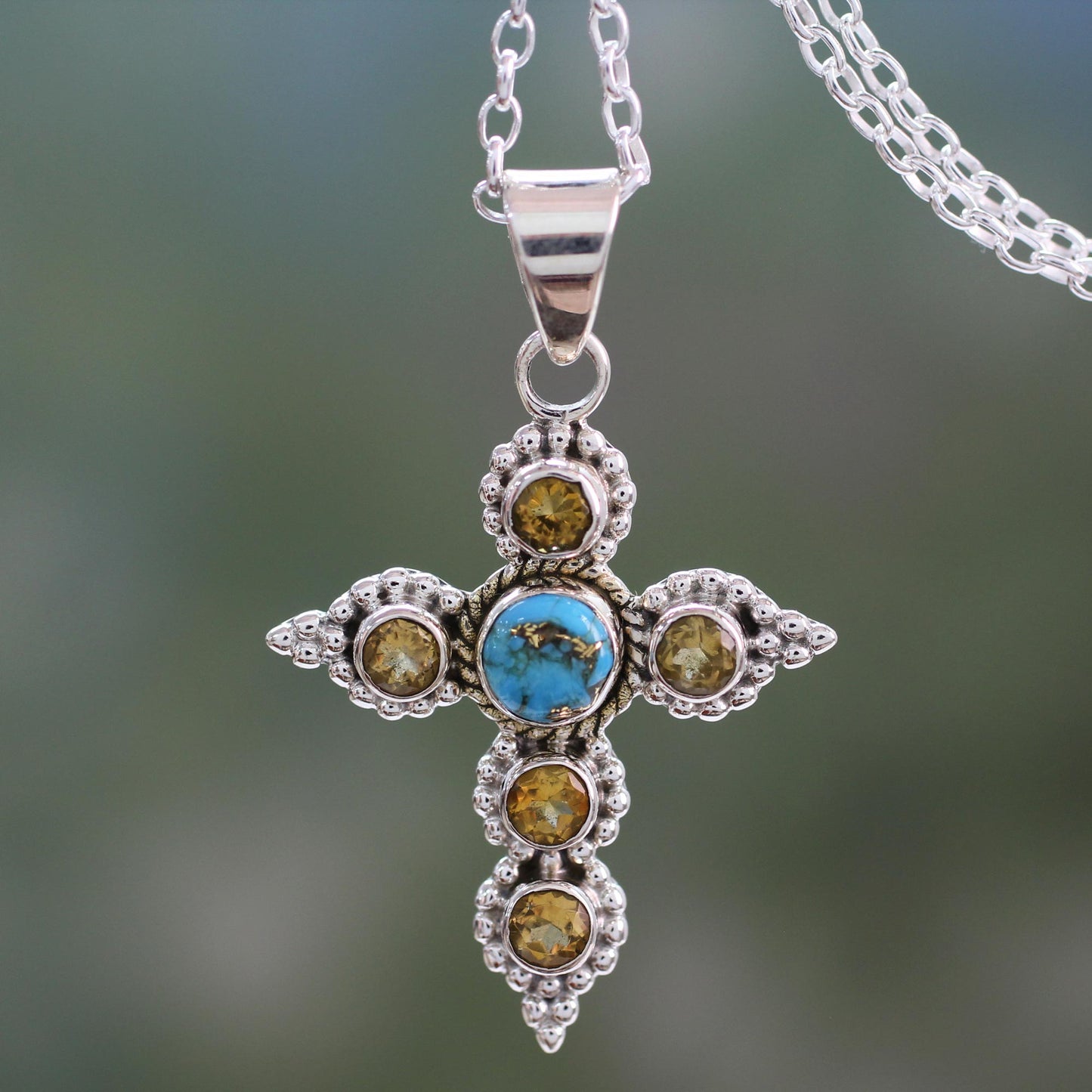 Divine Harmony Artisan Crafted Citrine and Silver Cross Pendant Necklace