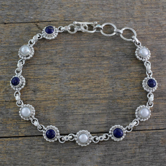 Petite Flowers Cultured Pearl Floral Bracelet in Silver with Lapis Lazuli