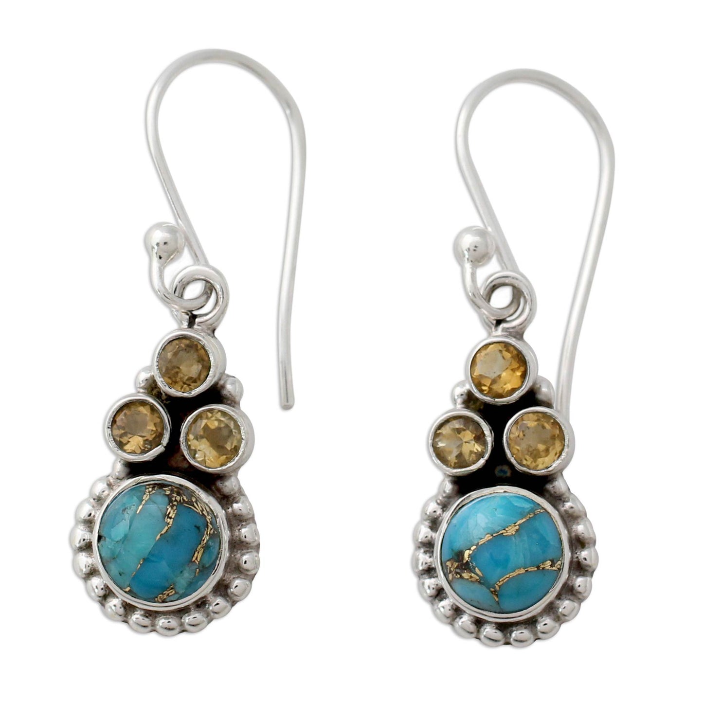 Petite Flowers Indian Sterling Silver Earrings with Citrine and Turquoise