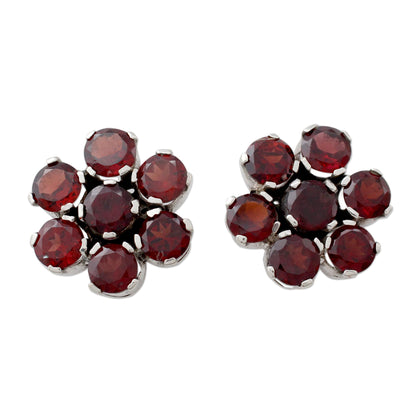 Romantic Blossom Artisan Crafted Floral Button Earrings with Garnet