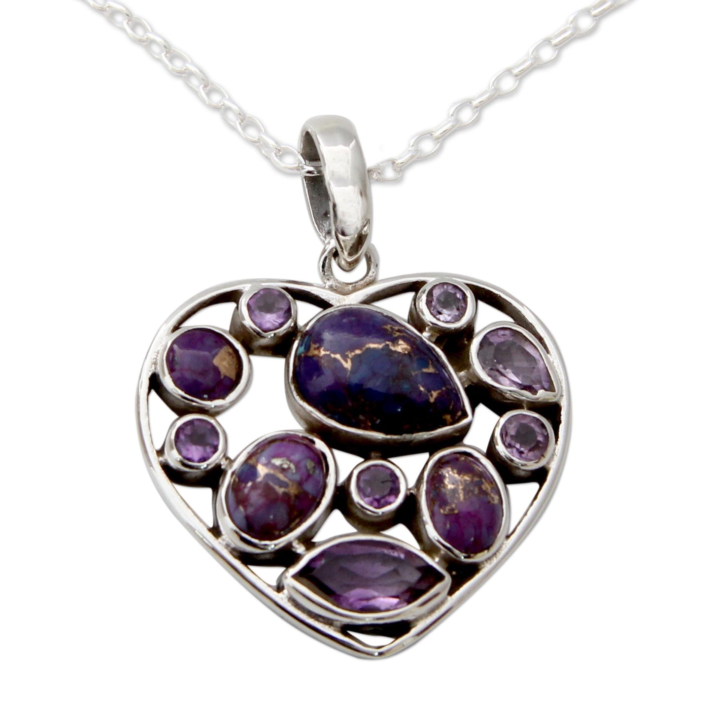 Lilac Jaipuri Heart Hand Crafted Amethyst and Sterling Silver Heart Necklace