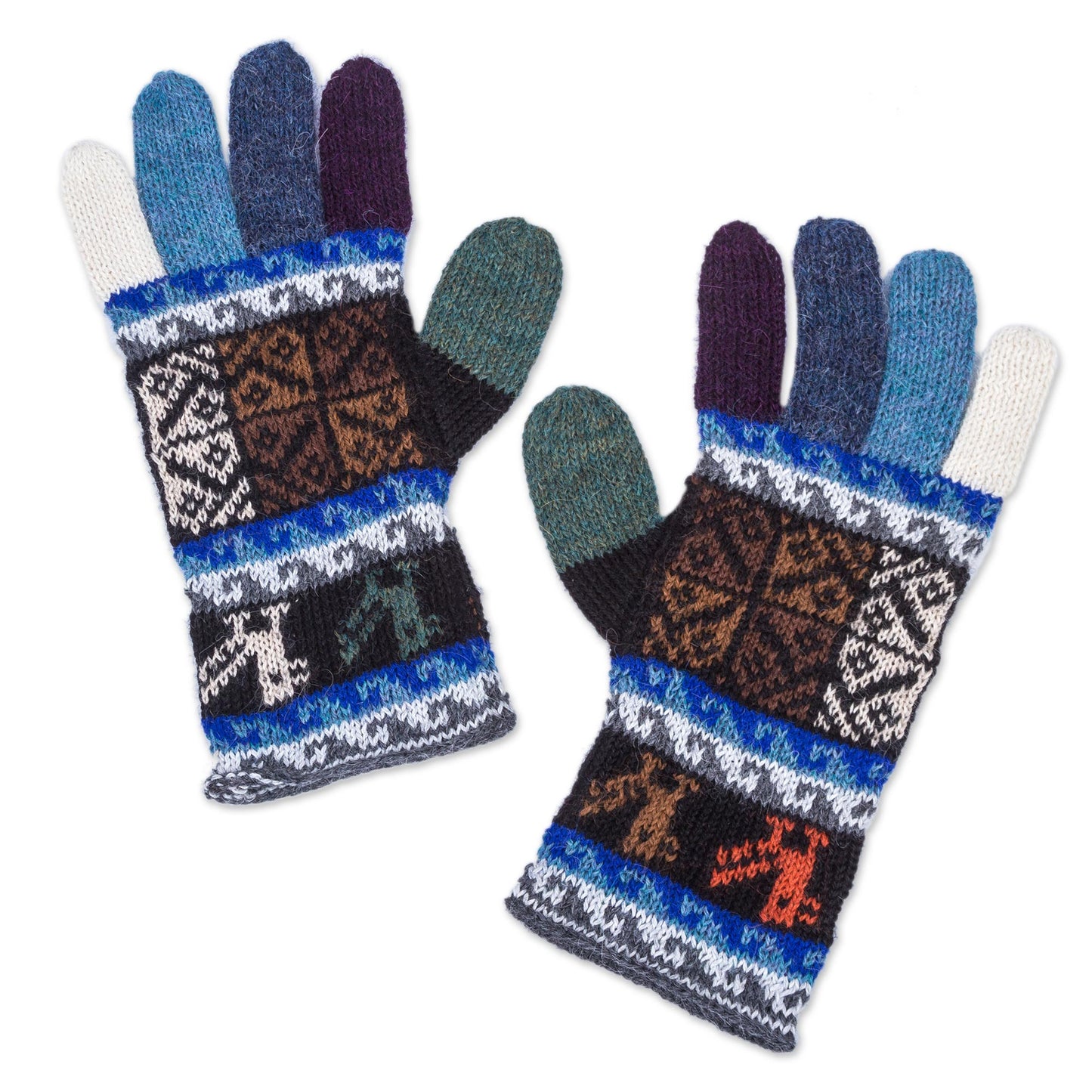 Peruvian Patchwork in Blue Artisan Crafted 100% Alpaca Colorful Gloves from Peru