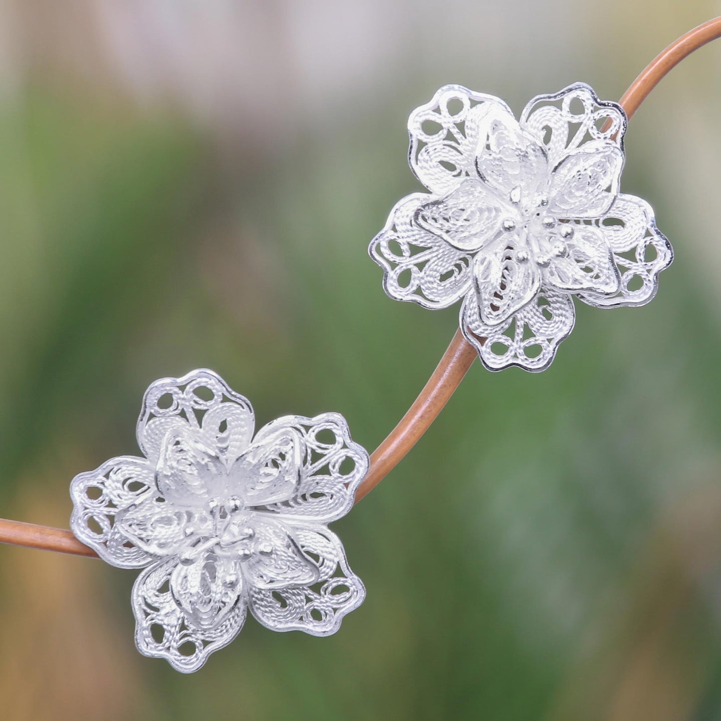 Filigree Magnolia Silver Button Earrings