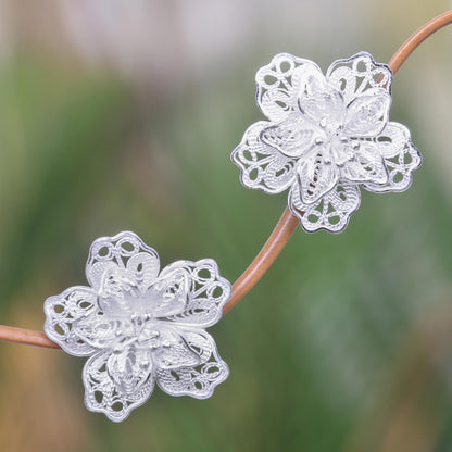 Filigree Magnolia Silver Button Earrings