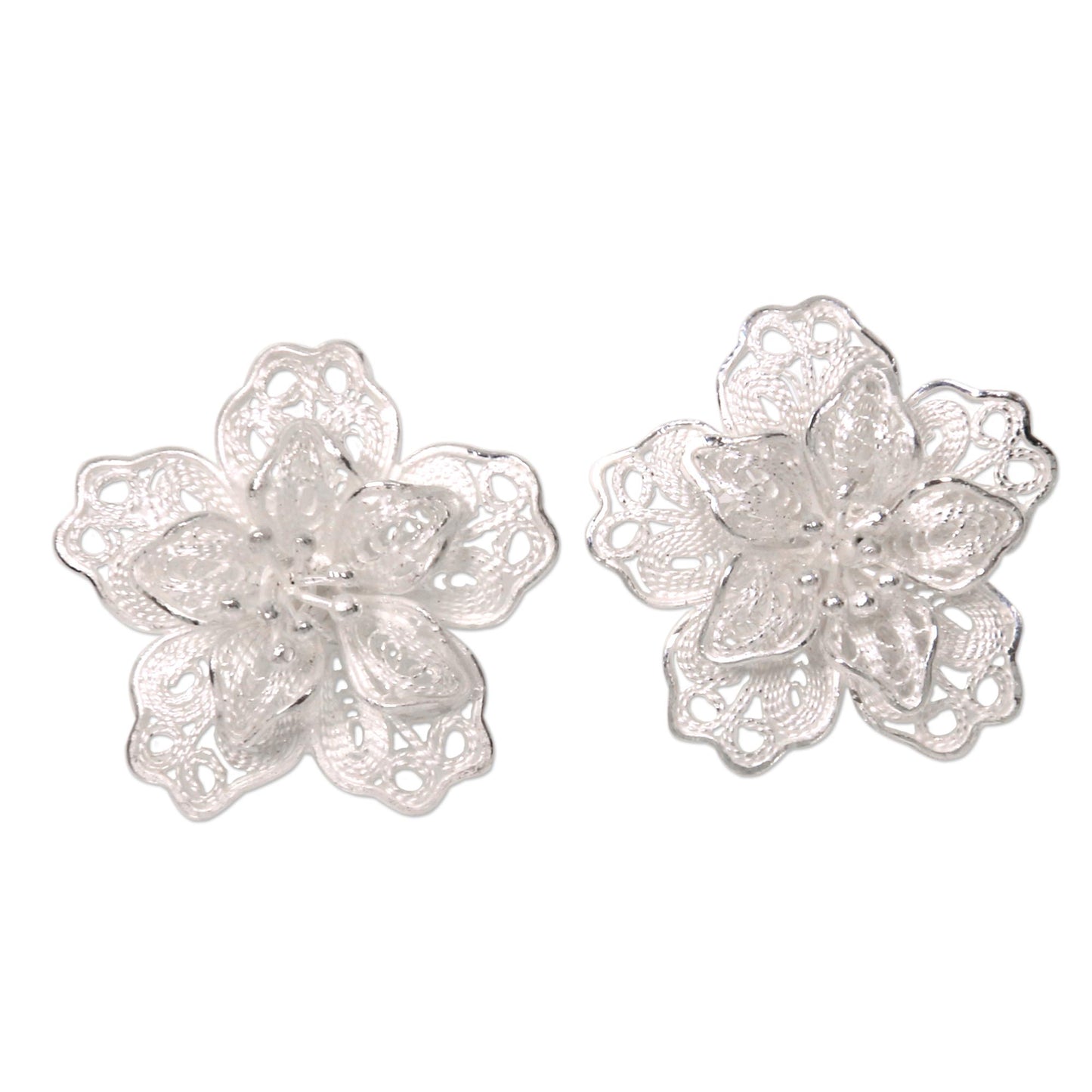Filigree Magnolia Silver Button Earrings