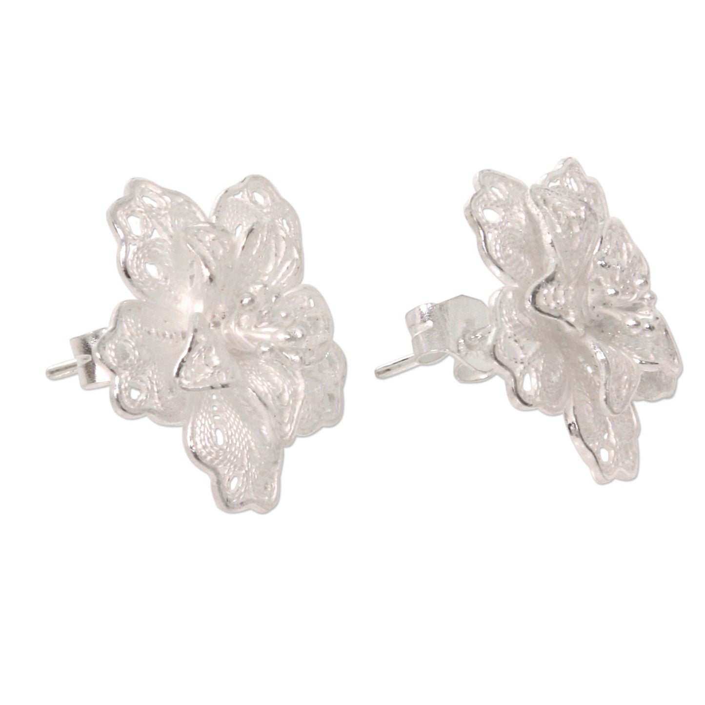 Filigree Magnolia Silver Button Earrings