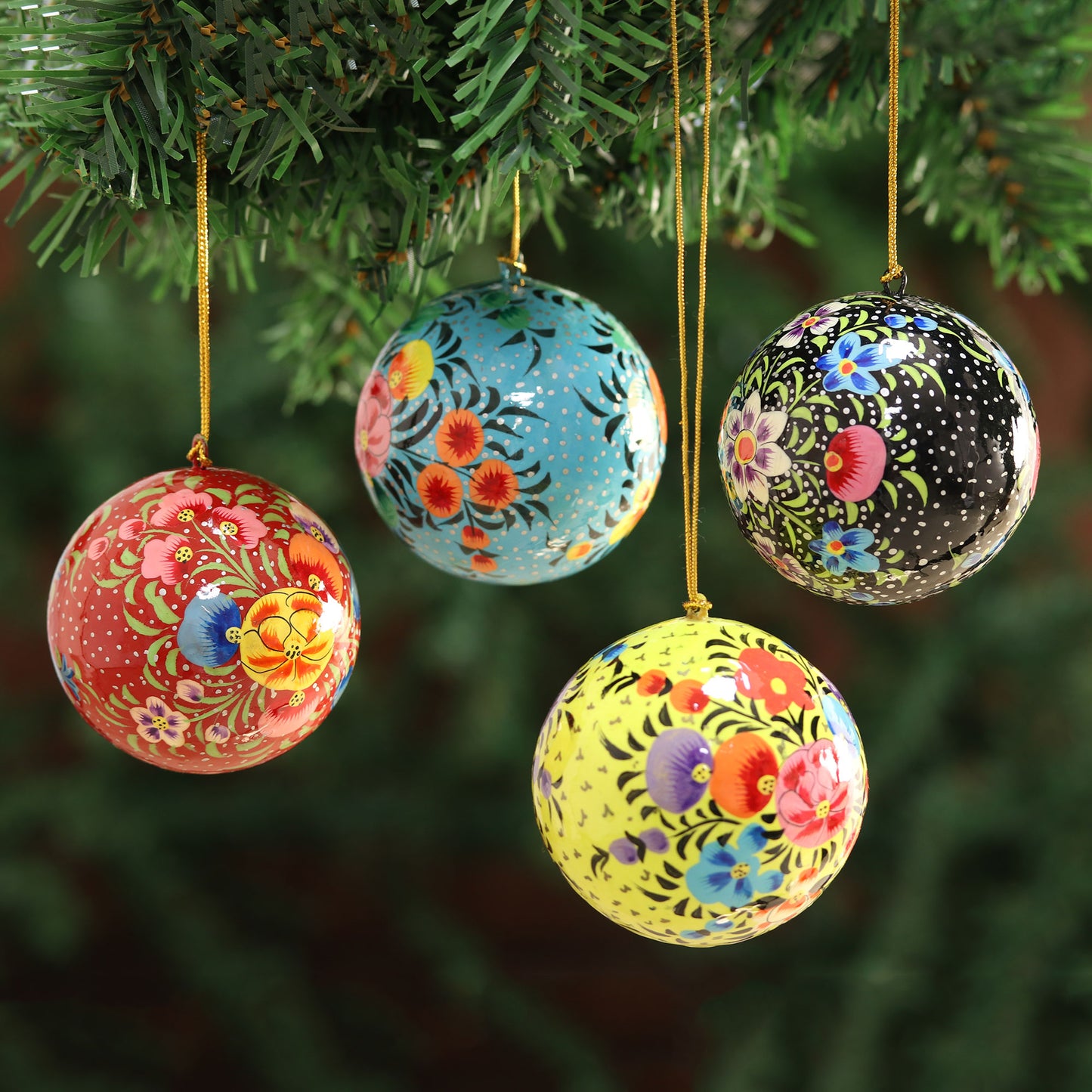 Floral Beauty Hand Painted Multicolored Floral Ornaments (Set of 4)