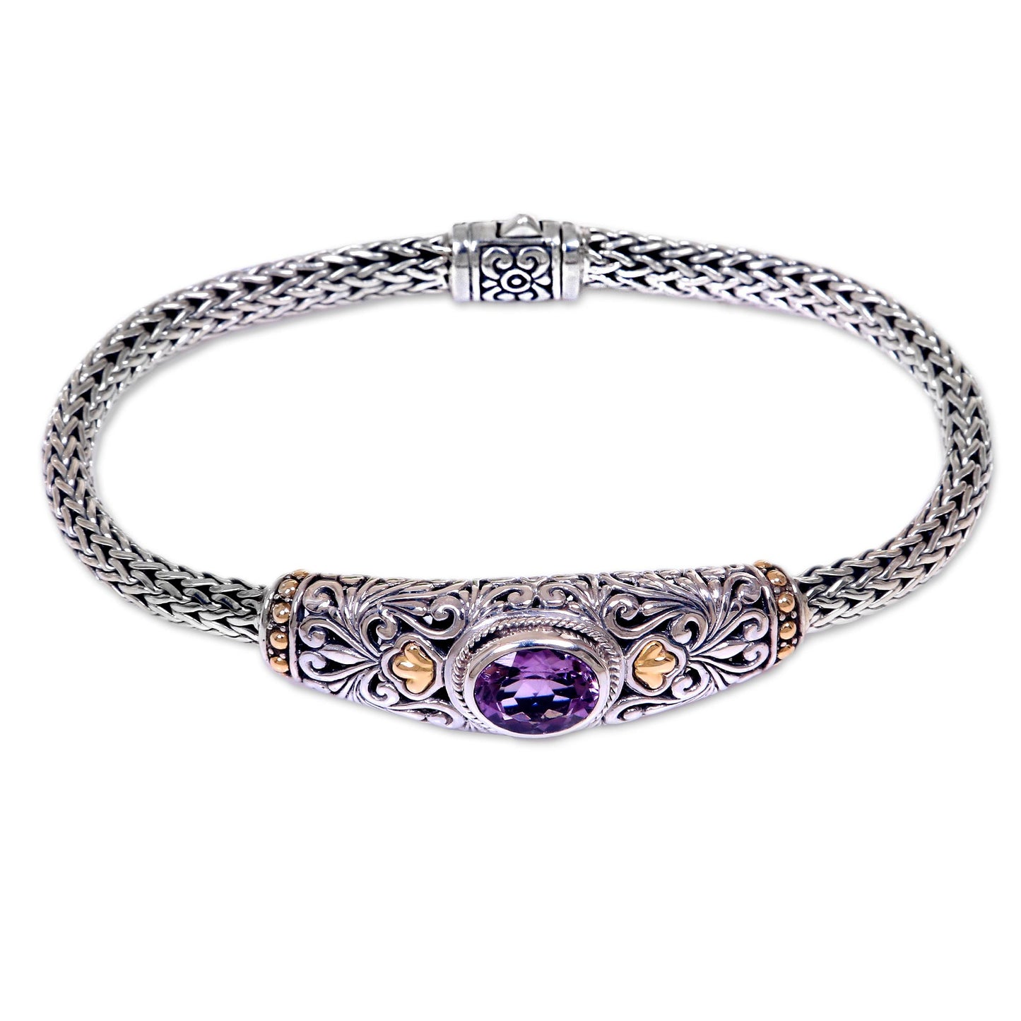 Bedugul Garden Handcrafted Balinese Gold Accent Silver Amethyst Bracelet