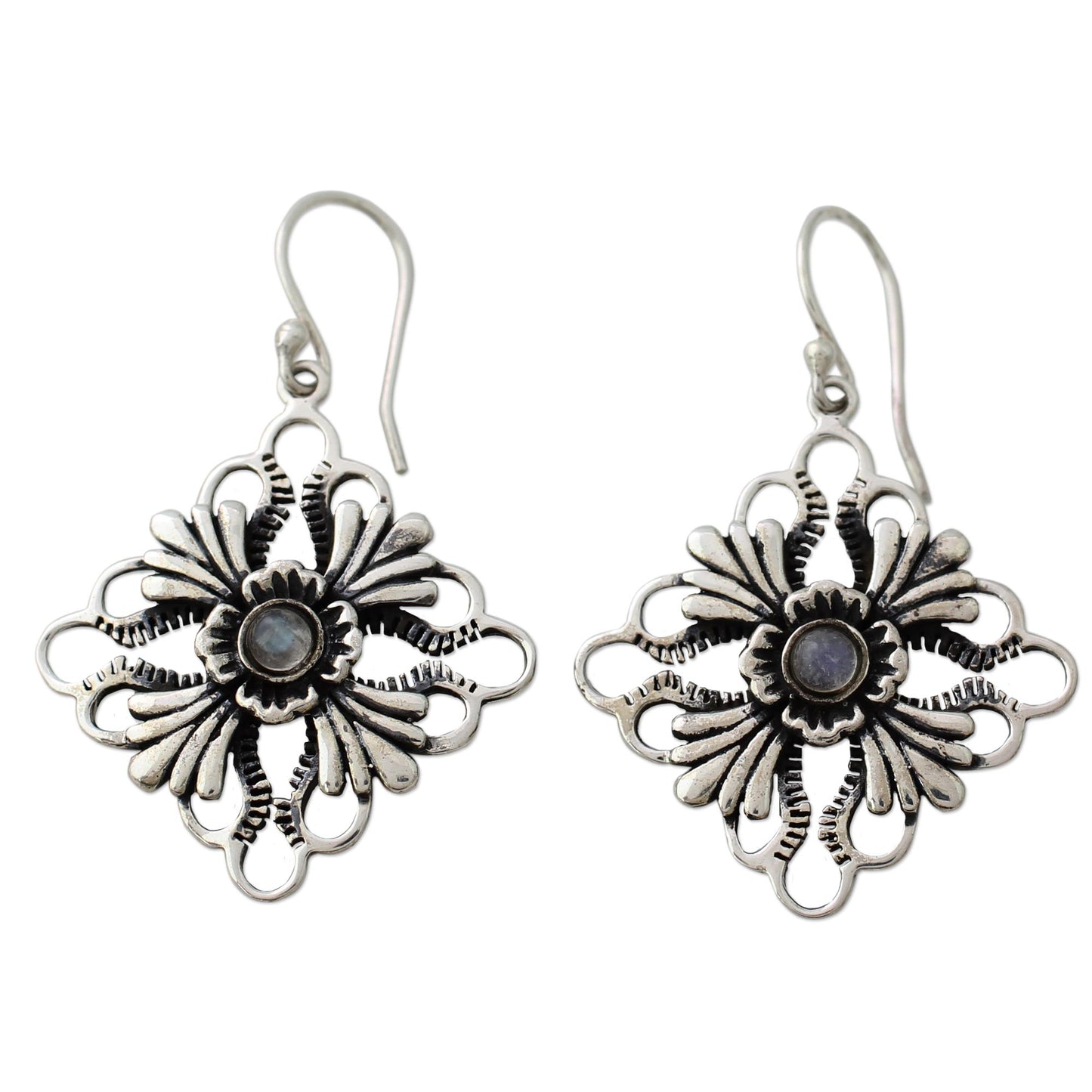 Fan Flowers Floral Silver Earrings with Rainbow Moonstone Gems