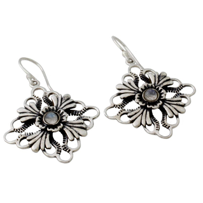 Fan Flowers Floral Silver Earrings with Rainbow Moonstone Gems