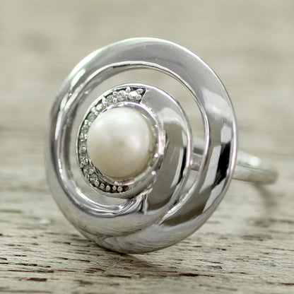 Peaceful Allure Contemporary Silver Cultured Pearl Ring with Cubic Zirconia