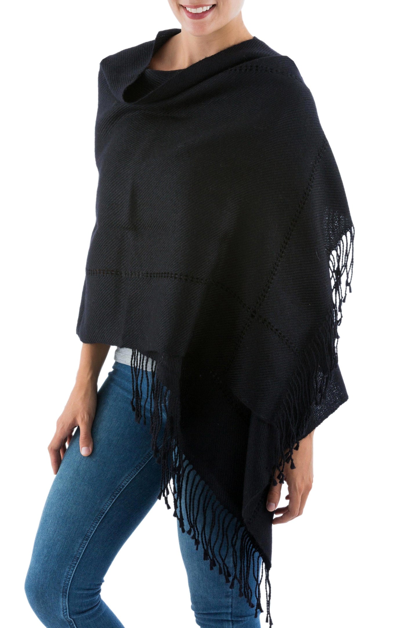 Timeless in Black Black Baby Alpaca Handwoven Peruvian Shawl