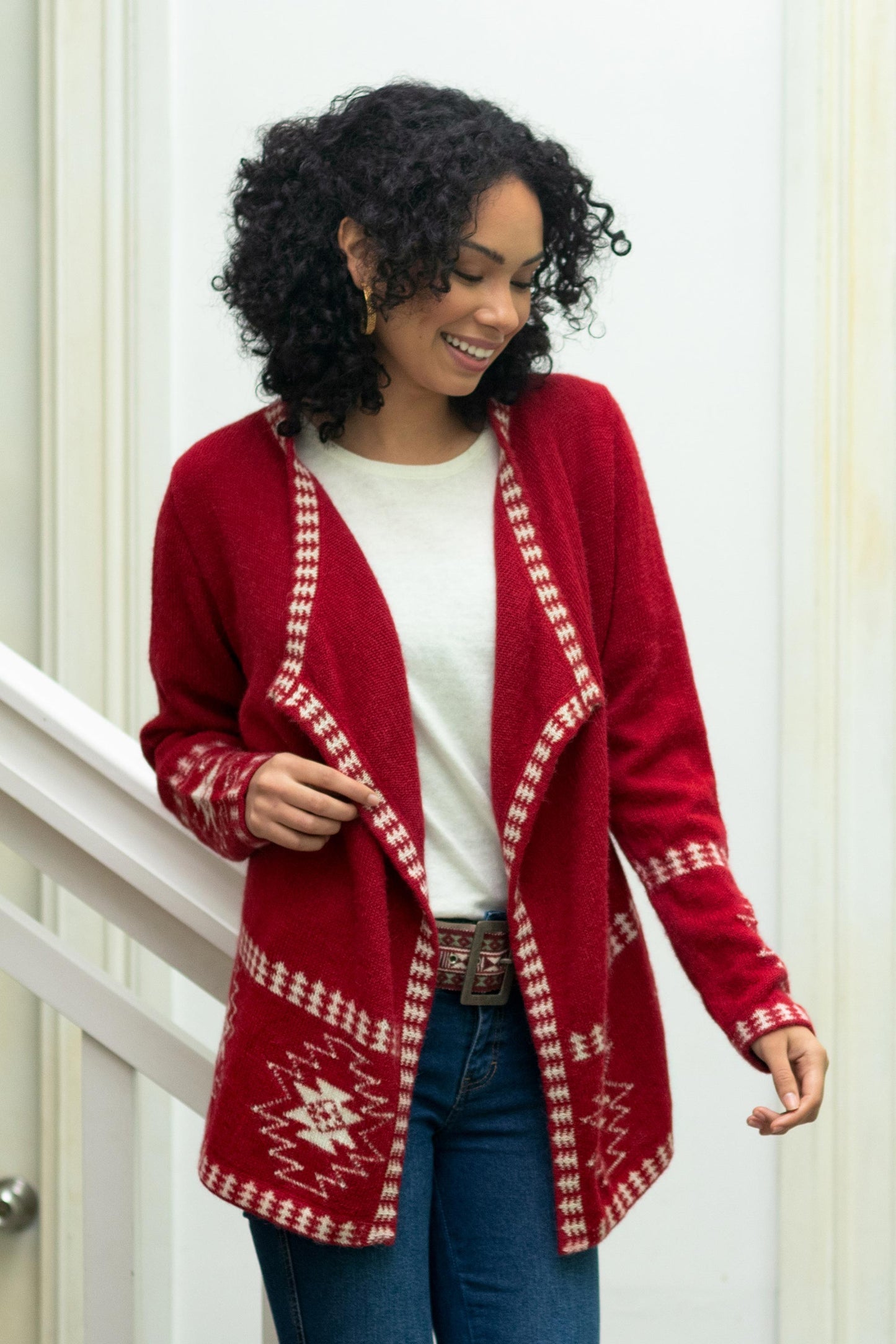 Glyph Stars Red Alpaca Wool Cardigan with White Glyph Stars from Peru