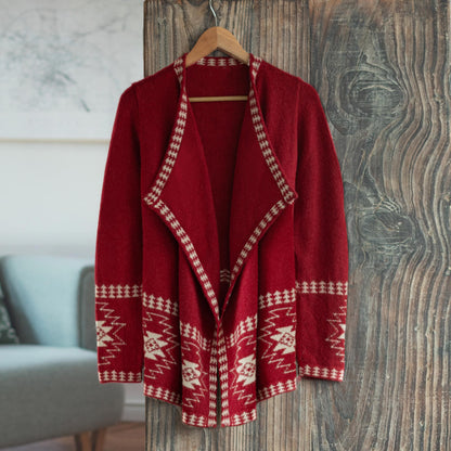 Glyph Stars Red Alpaca Wool Cardigan with White Glyph Stars from Peru