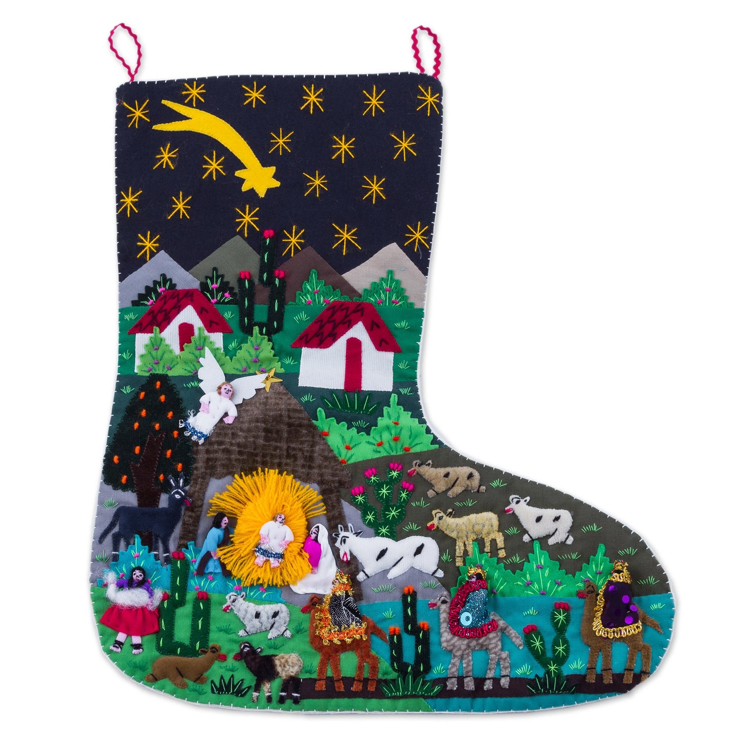 Village Nativity Handcrafted Andean Applique Christmas Stocking