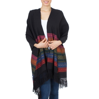 Zapotec Night Splendor Black Zapotec Rebozo Shawl with Colorful Geometric Stripes