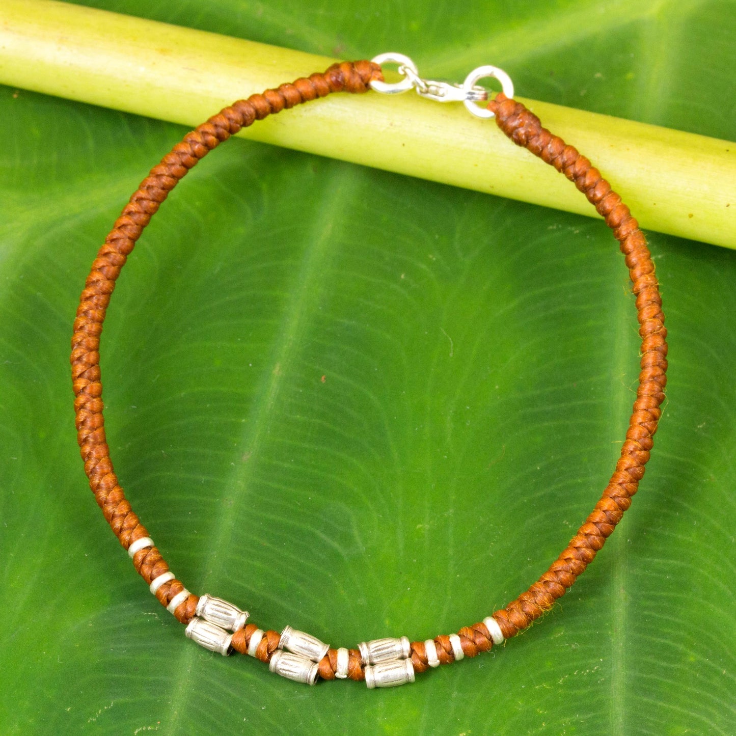 Bamboo Bracelet in Rust Sterling Silver Accent Wristband Bracelet from Thailand