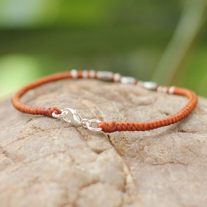 Bamboo Bracelet in Rust Sterling Silver Accent Wristband Bracelet from Thailand