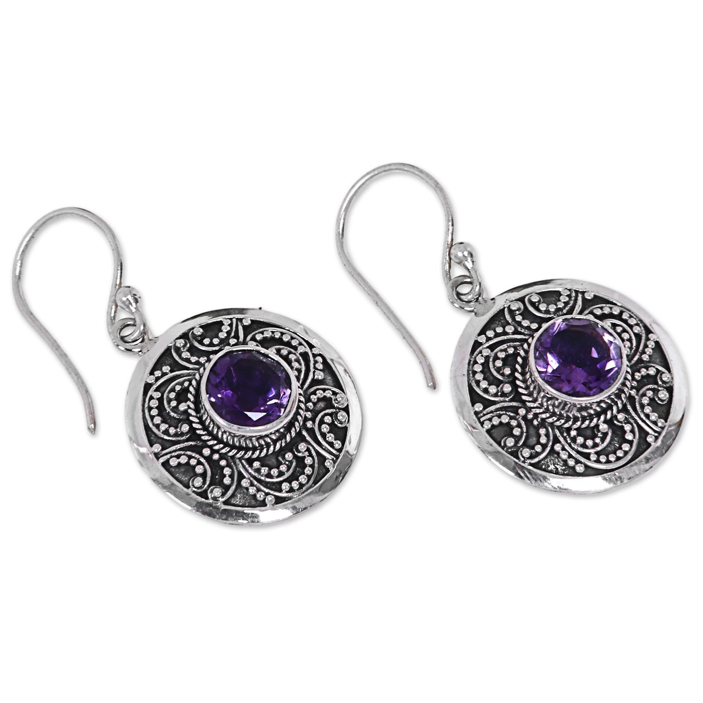 Balinese Aura Amethyst & Silver Dangle Earrings