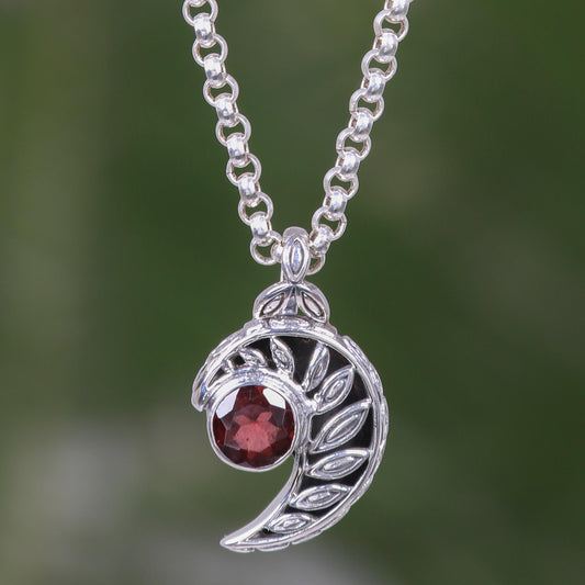 Silver Fern Embrace Balinese Handcrafted Silver Fern Theme Garnet Necklace