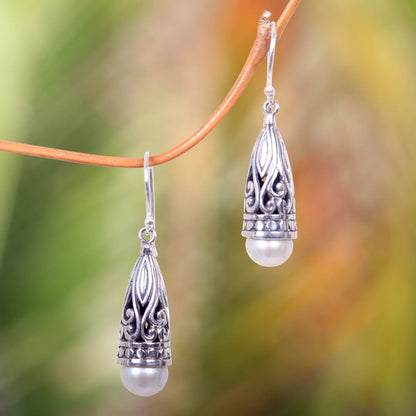 Radiant Lotus Bud Ornate Balinese Silver and Cultured Pearl Earrings
