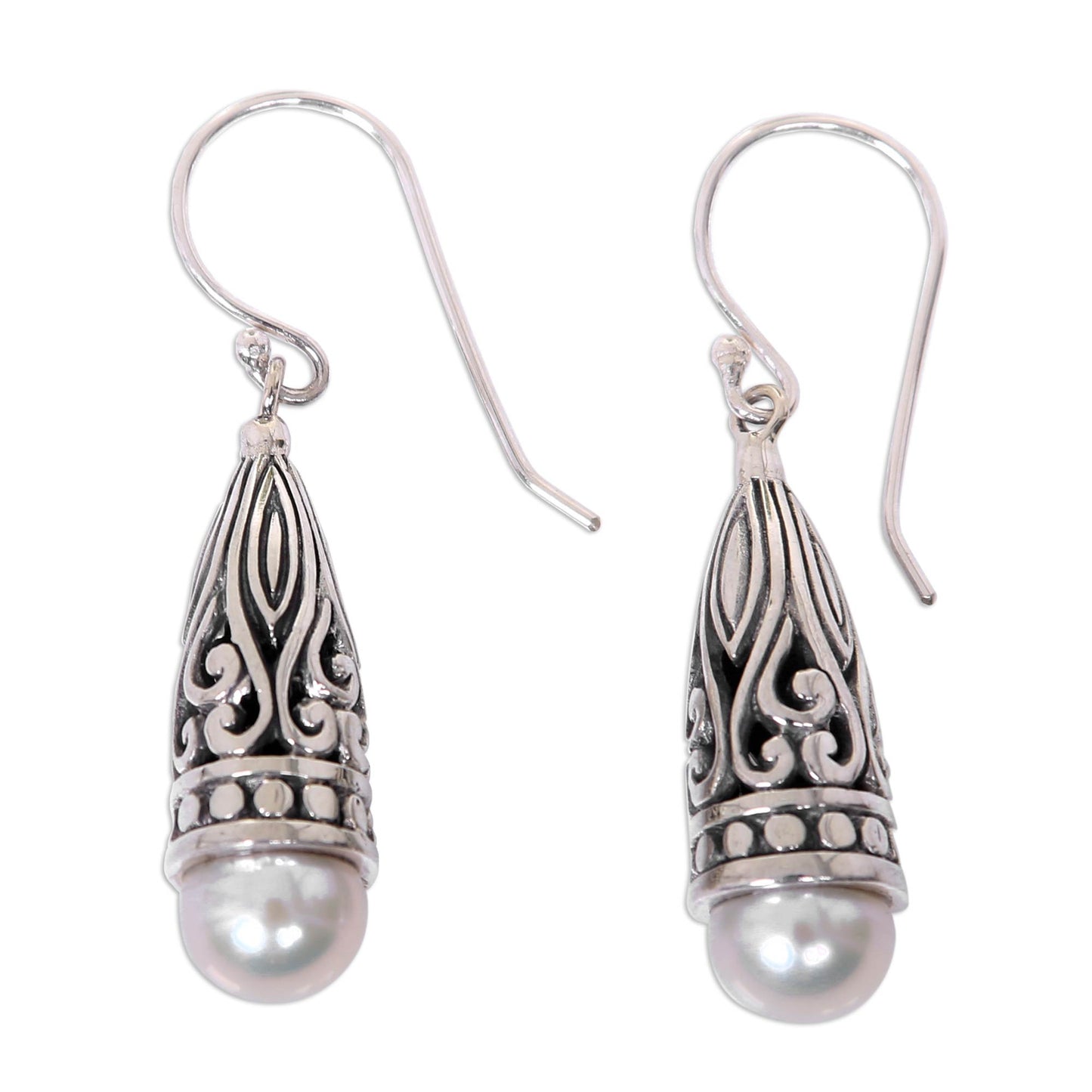 Radiant Lotus Bud Ornate Balinese Silver and Cultured Pearl Earrings