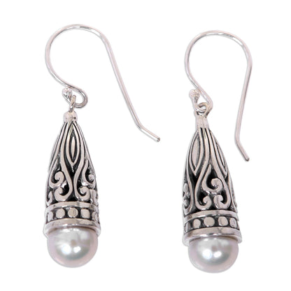 Radiant Lotus Bud Ornate Balinese Silver and Cultured Pearl Earrings