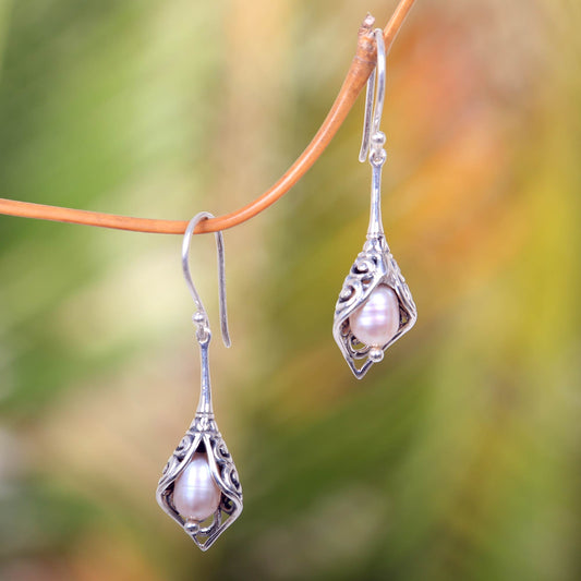 White Calla Lily Balinese Cultured Pearl Earrings Crafted of Sterling Silver