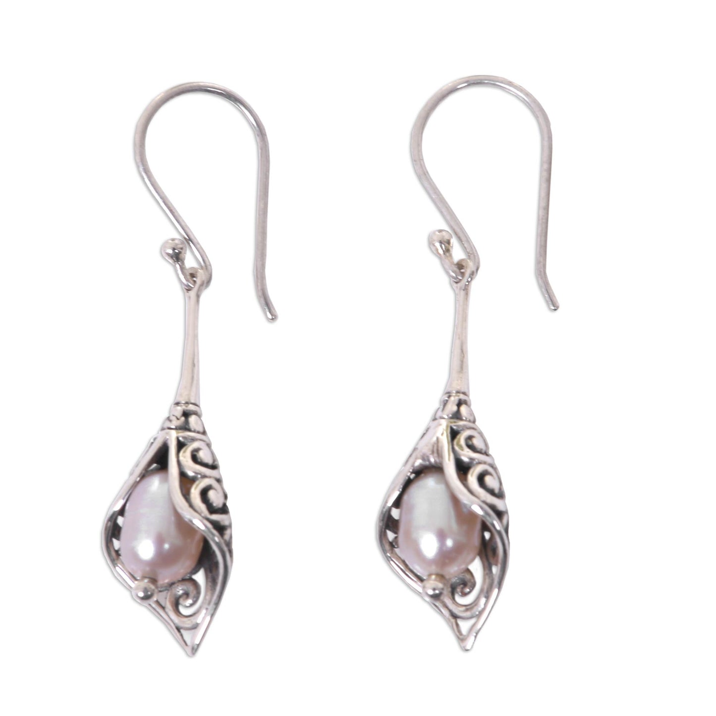 White Calla Lily Balinese Cultured Pearl Earrings Crafted of Sterling Silver