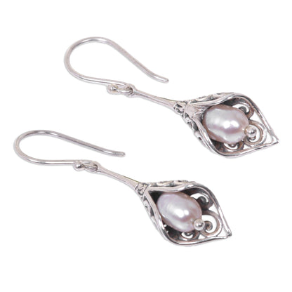 White Calla Lily Balinese Cultured Pearl Earrings Crafted of Sterling Silver