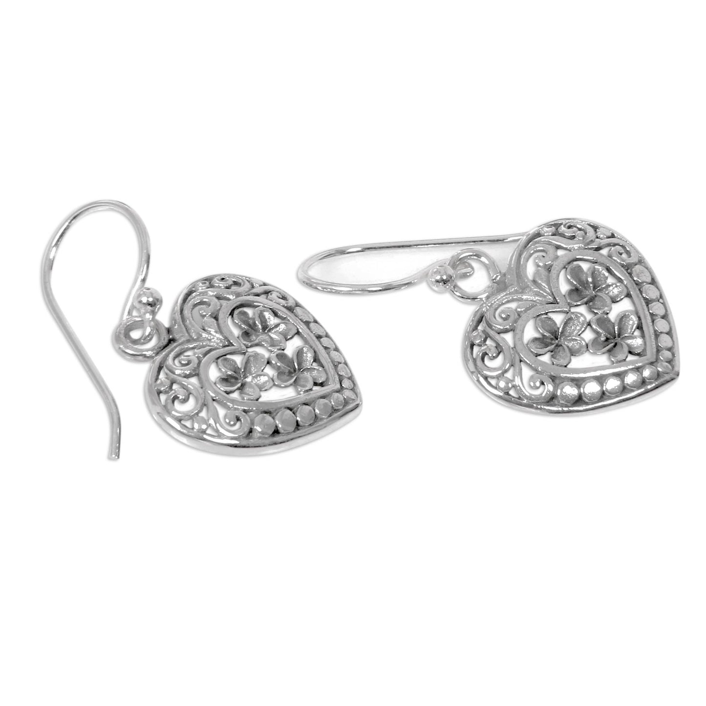 Romantic Frangipani Handcrafted Floral Heart Earrings in Sterling Silver