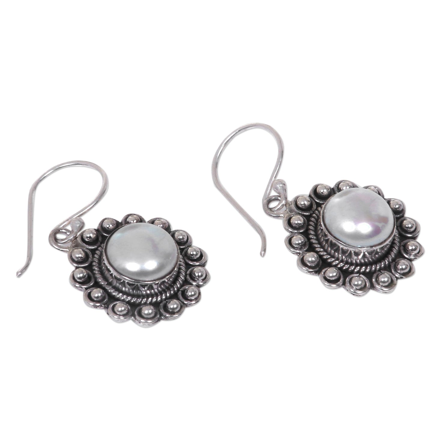 Strong Sun Hand-Crafted Cultured Pearl and Silver Earrings Sun Shaped