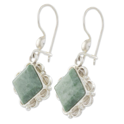 Light Green Floral Diamond Silver Diamond Shaped Floral Jade Earrings in Light Green