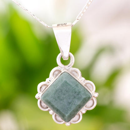 Light Green Floral Diamond Diamond Shaped Light Green Floral Jade and Silver Necklace