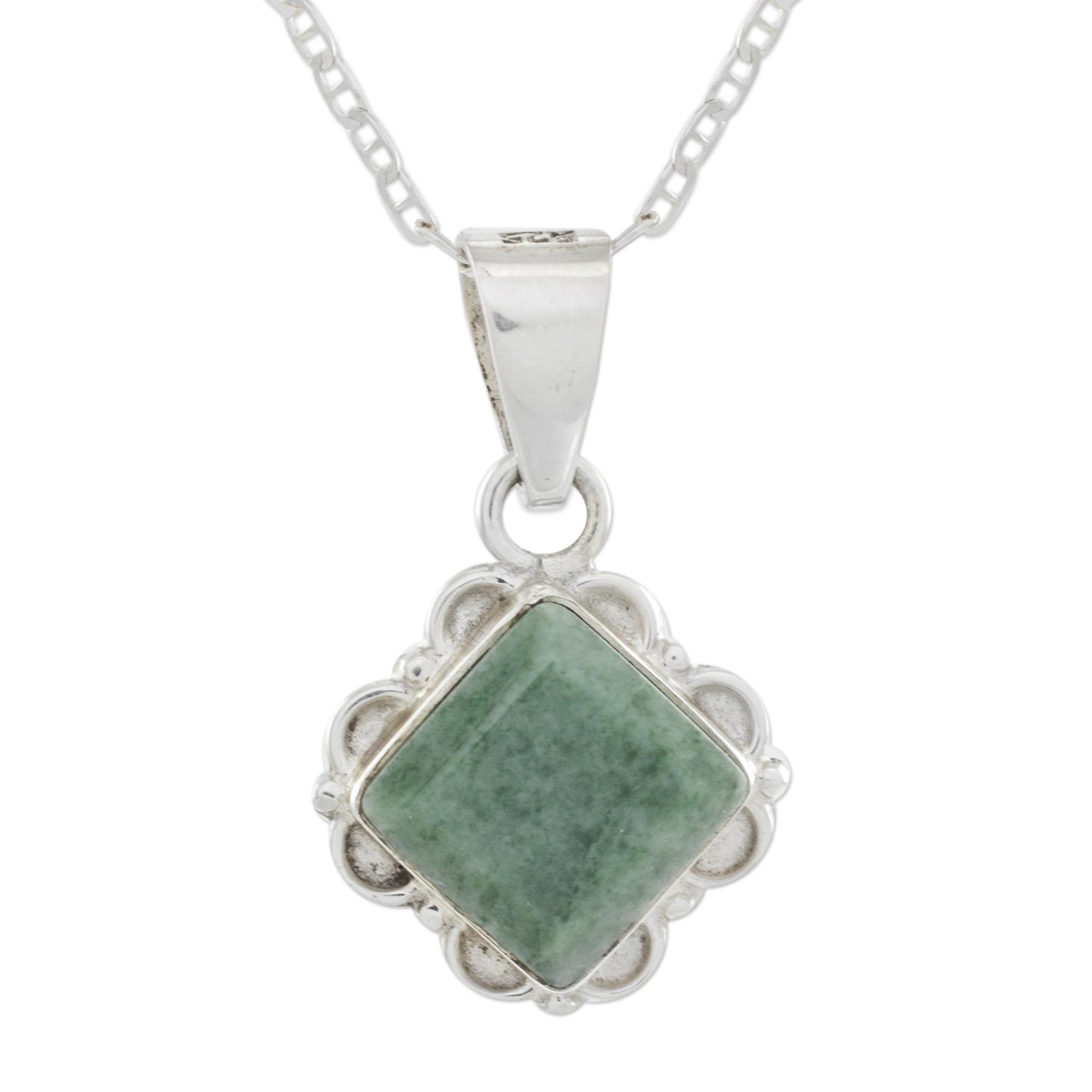 Light Green Floral Diamond Diamond Shaped Light Green Floral Jade and Silver Necklace