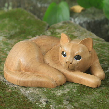 Marmalade Tabby Hand Carved and Painted Yellow Tabby Cat Sculpture in Wood