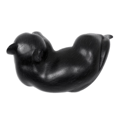 Kintamani Dog Black Wood Sleeping Dog Statuette from Suar Wood