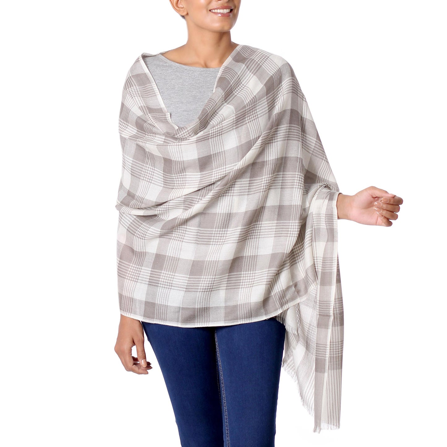 Checkered Grace Wool Taupe Checkered Pattern Traditional Shawl from India