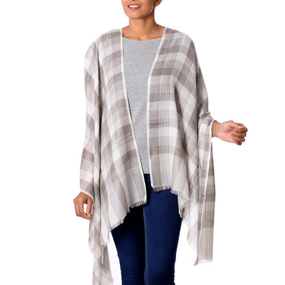 Checkered Grace Wool Taupe Checkered Pattern Traditional Shawl from India