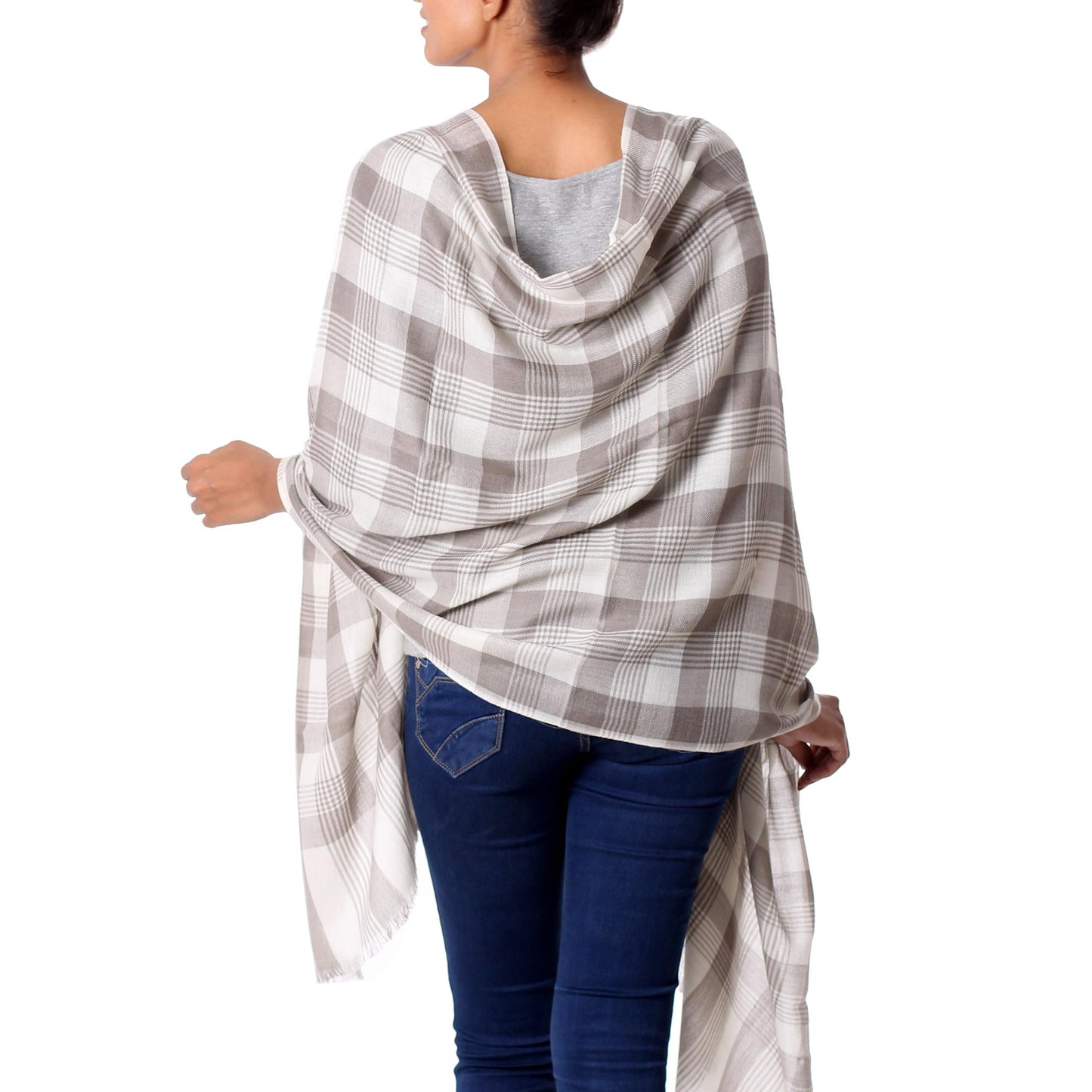 Checkered Grace Wool Taupe Checkered Pattern Traditional Shawl from India