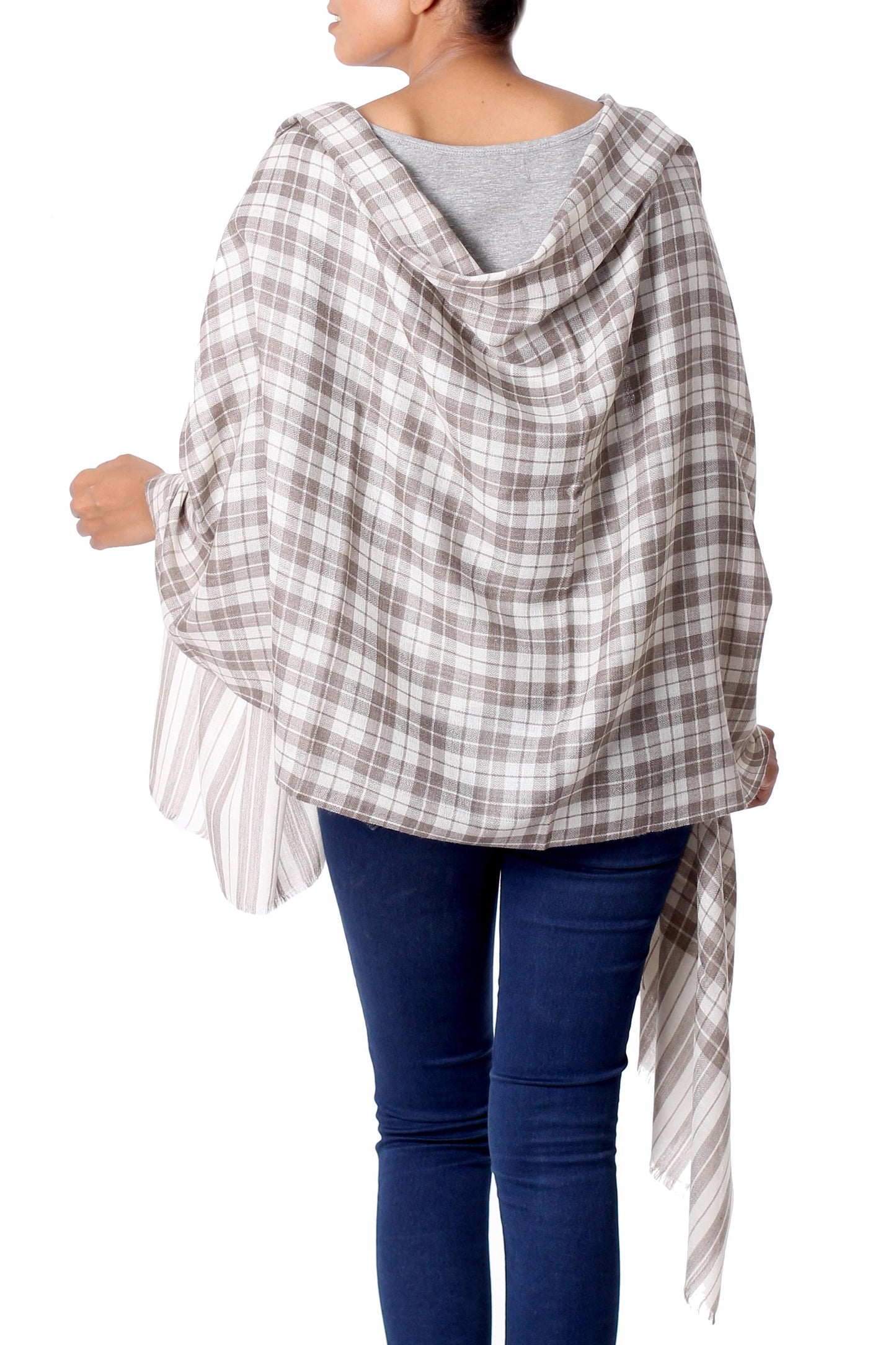 Salient Paths Wool Shawl from India Grey Checkered Pattern over Cream