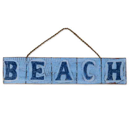 Beach in Sky Blue Hand Carved Beach Wood Sign Agel Grass from Indonesia