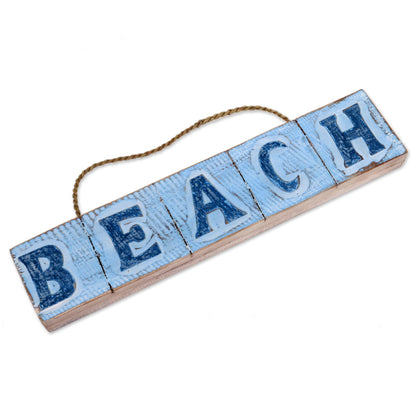 Beach in Sky Blue Hand Carved Beach Wood Sign Agel Grass from Indonesia