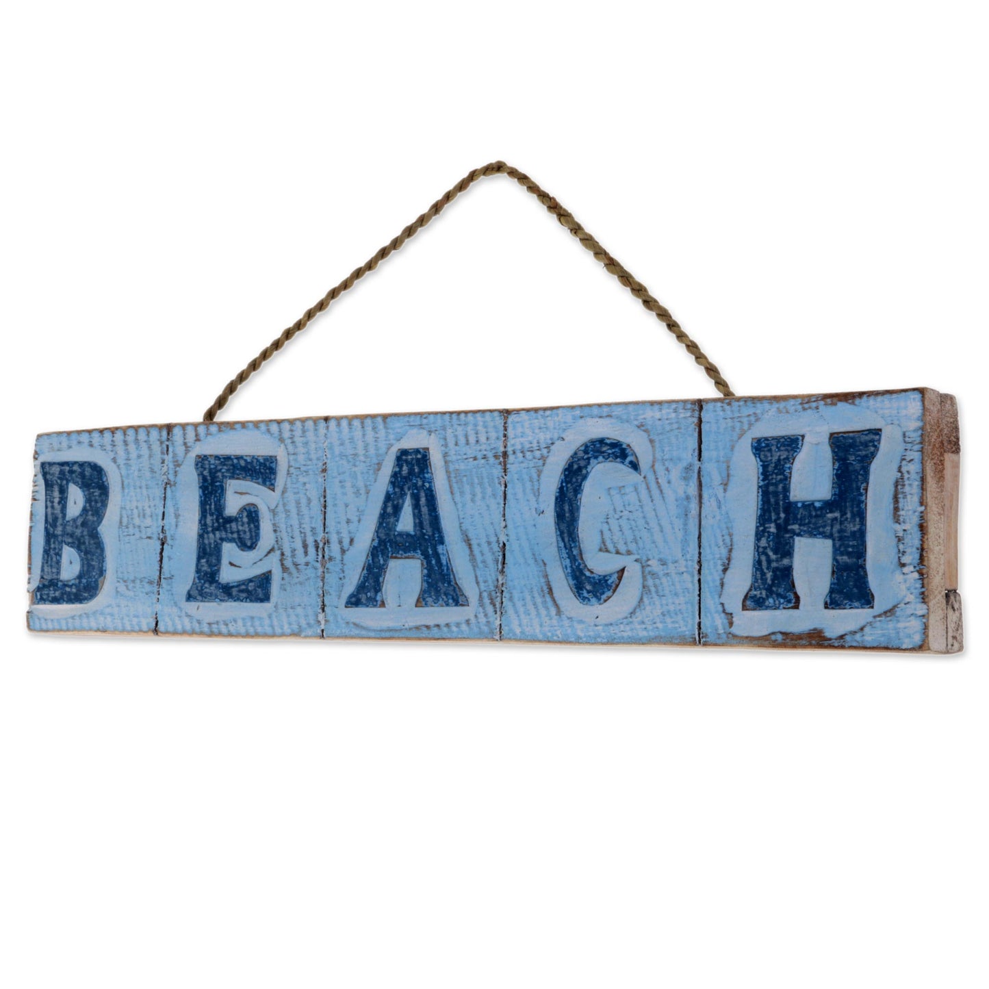 Beach in Sky Blue Hand Carved Beach Wood Sign Agel Grass from Indonesia